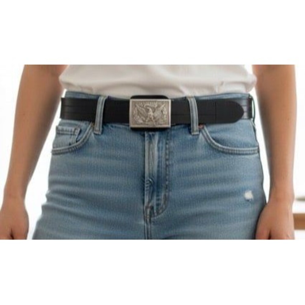 VINTAGE Unisex Silver Engraved Eagle Belt Buckle w/Adjustable Black Leather Belt
